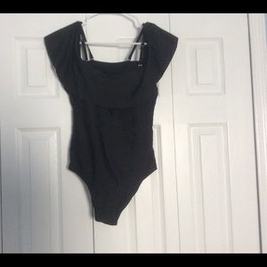Black off the shoulder ruffle one piece swimsuit!